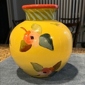 Droll Bulb Vase | Yellow with Floral Design & Signature-Striped Rim